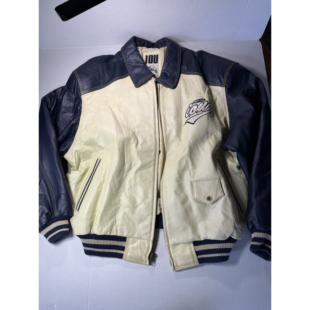 Vintage 90s IOU Leather Varsity Bomber Jacket Mens XL Cream Navy Colorblock